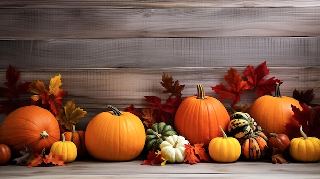 Een kleurrijke weergave van pompoenen, herfstbladeren, pompoenen en bladeren die op een rij op houten zitten