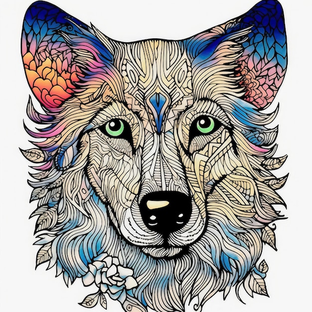Een kleurrijke wolf met een bloemenpatroon.