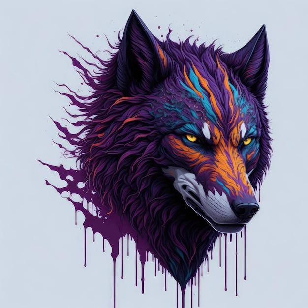 Een kleurrijke wolf met een paarse kop en paarse ogen.
