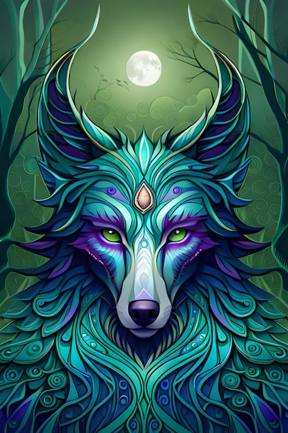 Een kleurrijke wolf met een volle maan op de achtergrond.
