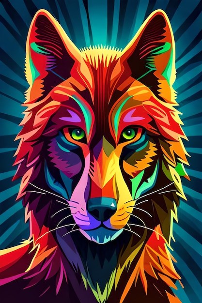 Een kleurrijke wolf met een zwarte achtergrond.