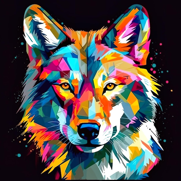 Een kleurrijke wolf op een zwarte achtergrond generatieve ai-afbeelding