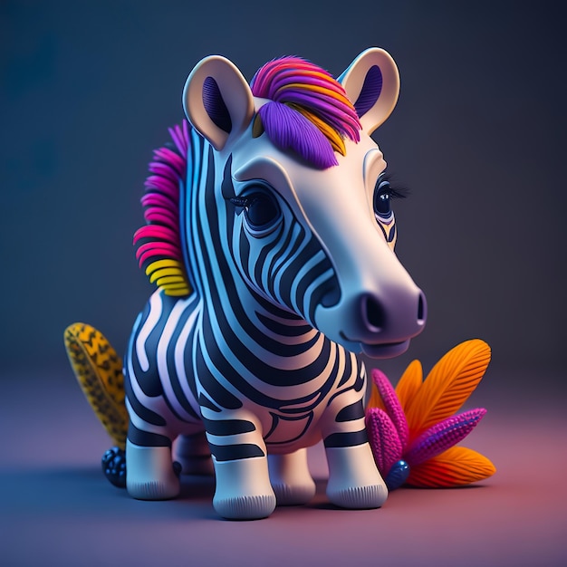 Een kleurrijke zebra met regenboogmanen zit op een roze achtergrond.