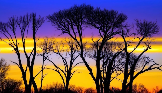 Een kleurrijke zonsondergang met bomen op de voorgrond