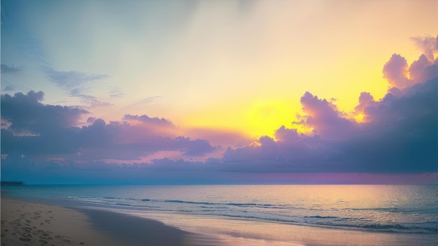 Een kleurrijke zonsondergang over de oceaan met een strand en een bewolkte hemel.