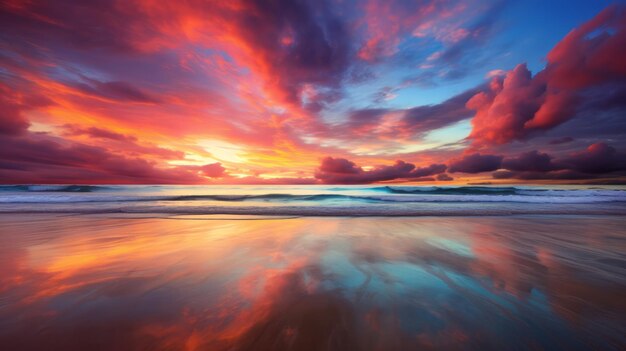 Een kleurrijke zonsondergang over de oceaan met wolken die zich reflecteren in het water