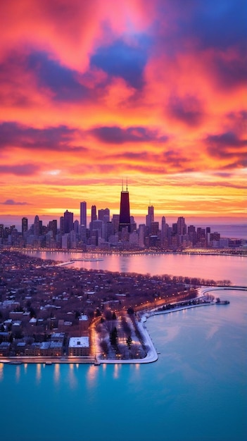 Een kleurrijke zonsondergang over de stad Chicago.