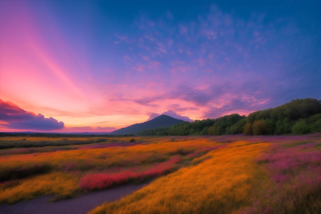 Een kleurrijke zonsondergang over een bloemenveld met een berg op de achtergrond.