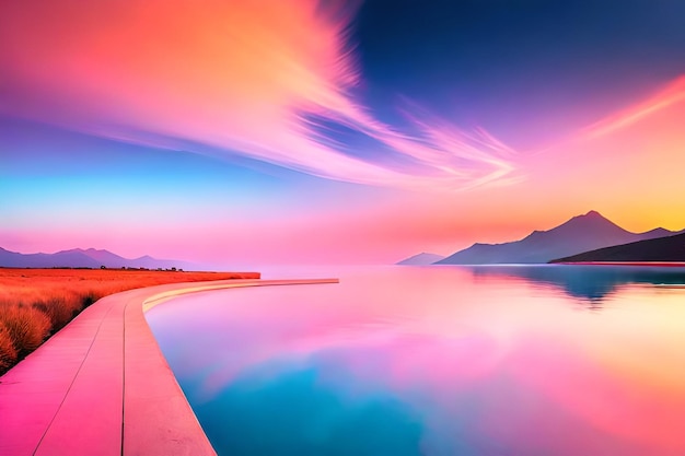 Een kleurrijke zonsondergang over een meer met een roze hemel en bergen op de achtergrond.