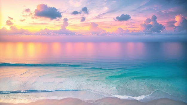 Foto een kleurrijke zonsondergang over een strand met een blauwe lucht en wolken