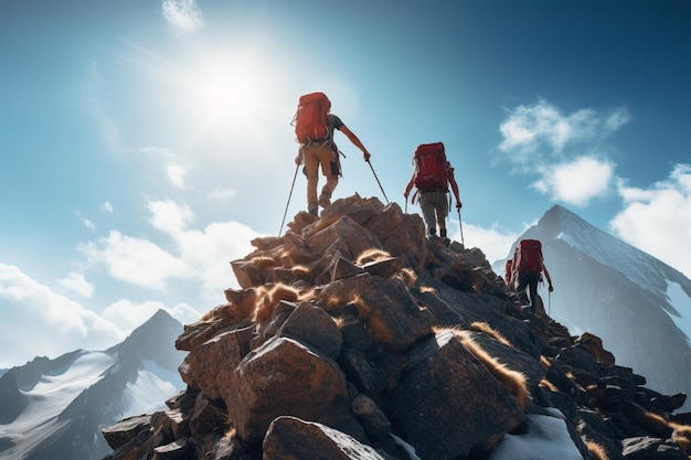 Een klimmers op de top van de berg Reizen en bergwandelen concept