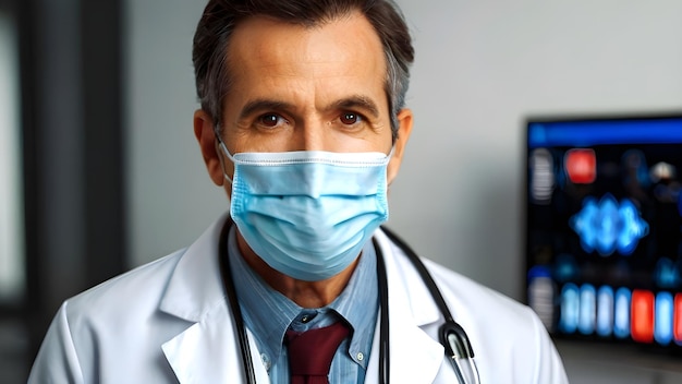 Foto een klinische onderzoeksverpleegstercoördinator met een stethoscoop die een klembord vasthoudt en voor een m staat