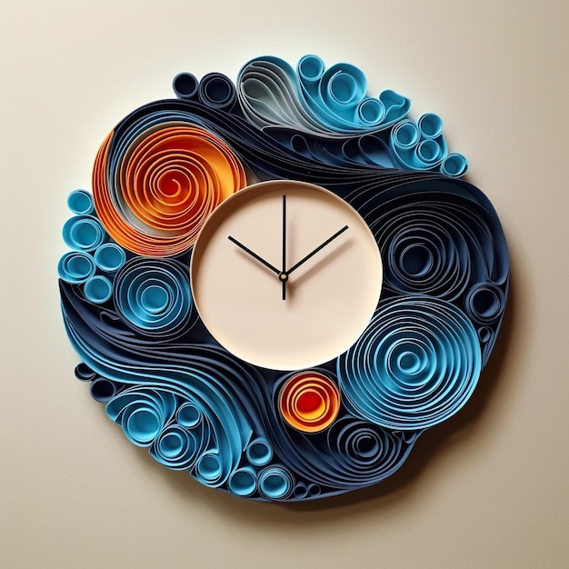 Een klok gemaakt van papier met blauw en oranje swirls generatief ai-beeld