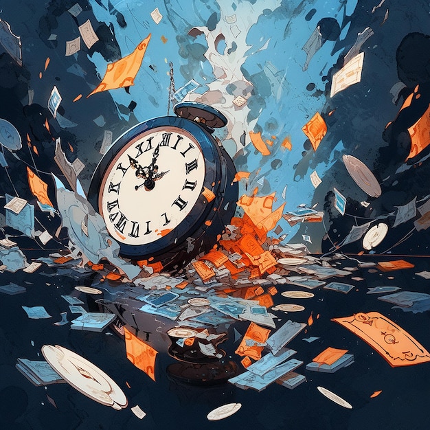 Een klok staat op een schilderij met de woorden de tijd