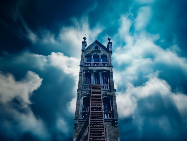Een klokkentoren met een trap waarop het woord "het woord" staat.