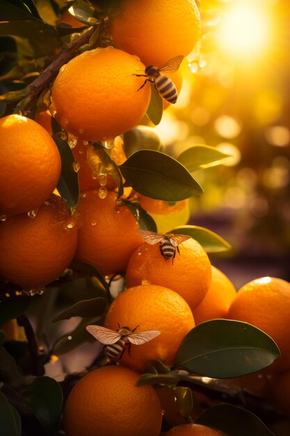 Een klomp sinaasappels die aan een boom hangt met bijen Generatieve AI