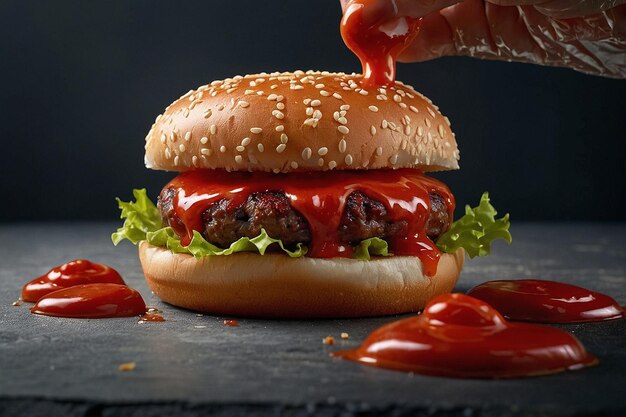 Foto een klompje ketchup perfect geplaatst op een sappige burger