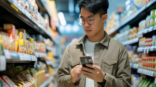 Een knappe Aziatische man loopt door het gangpad van de supermarkt, doorzoekt de planken en zoekt naar boodschappen uit zijn mobiele telefoonlijst die hij in zijn hand houdt