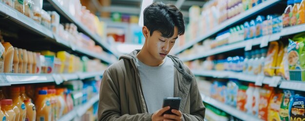 Een knappe Aziatische man loopt door het gangpad van de supermarkt, doorzoekt de planken en zoekt naar boodschappen uit zijn mobiele telefoonlijst die hij in zijn hand houdt