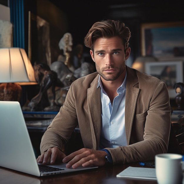 Een knappe elegante man op een laptop in zijn kantoor.