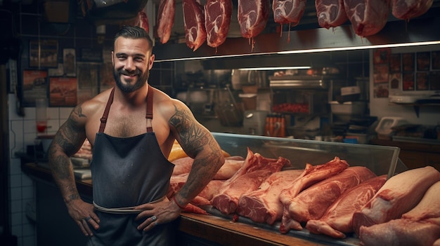 Een knappe gespierde slager staat in zijn eigen winkel.