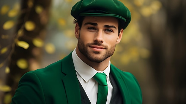 Foto een knappe ierse man gekleed in groen viert st. patrick's day.