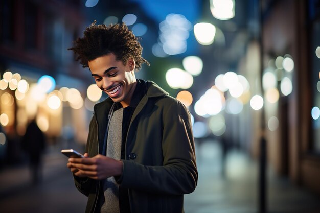 Een knappe jonge man gebruikt de telefoon.