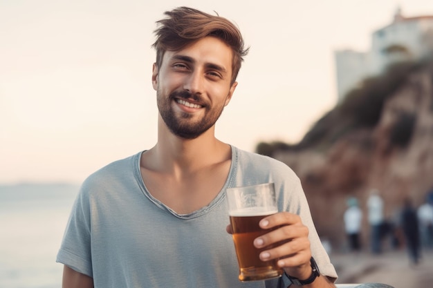 Een knappe jongeman die op vakantie geniet van een biertje