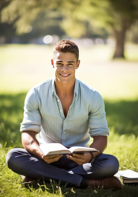 een knappe jongeman zit op het gras, draagt vrijetijdskleding en houdt een boek vast