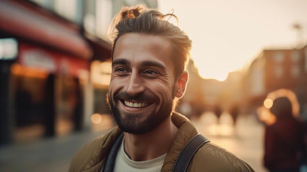 Een knappe lachende toerist in de stad bij zonsondergang gecreëerd met AI.