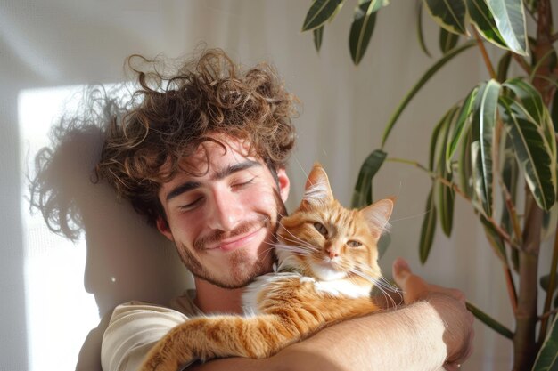 Foto een knappe man die zijn schattige kat knuffelt.