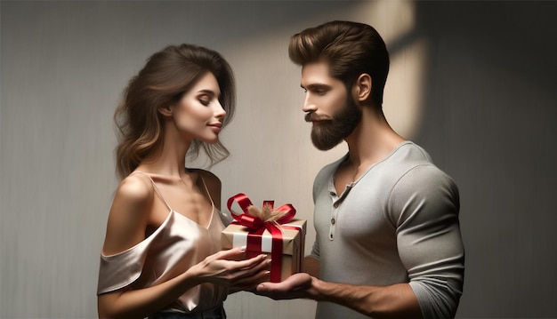Een knappe man met een baard die een geschenk geeft aan zijn prachtige vrouw.