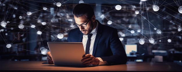 Een knappe man met een laptop in dit digitale kantoor.