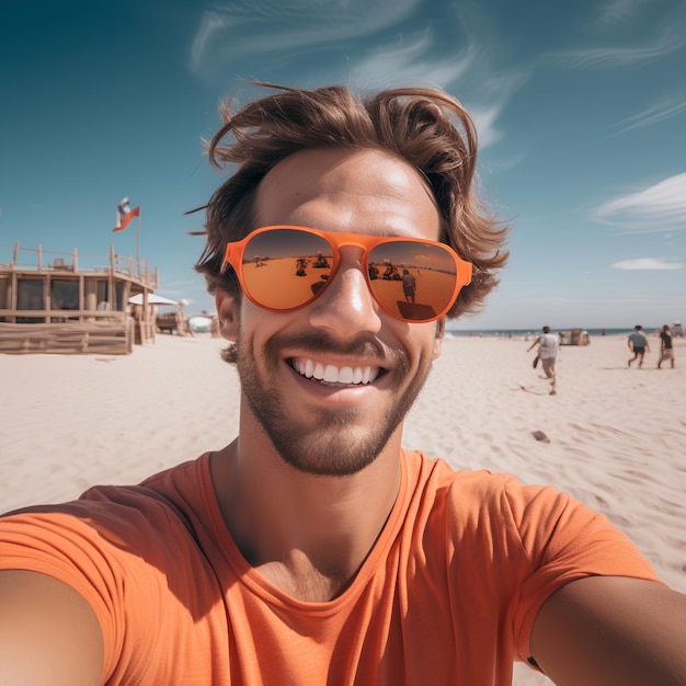 Een knappe man met een zonnebril op het strand die een selfie maakt.