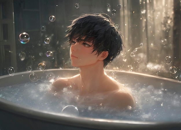 Een knappe man neemt een bad met zeepbellen.