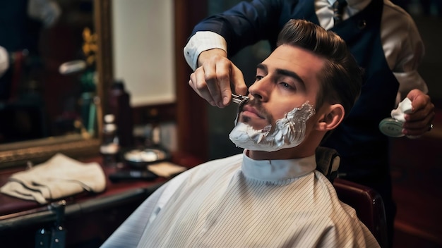 Een knappe man scheert zijn baard in de kapperswinkel.