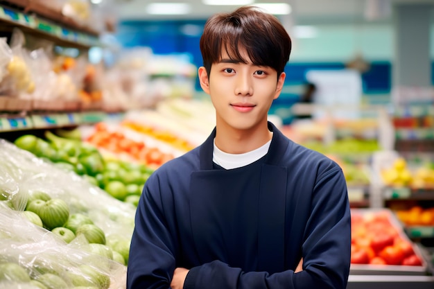 Een knappe mannelijke supermarktmedewerker op een achtergrond van verse groenten en fruit