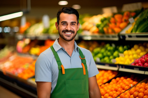 Een knappe mannelijke supermarktmedewerker op een achtergrond van verse groenten en fruit