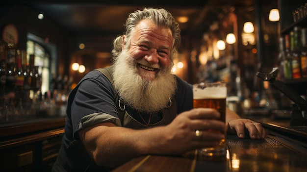 Foto een knappe, trotse, gelukkige, baardige barman in schort houdt bier vast in zijn pub en kijkt naar
