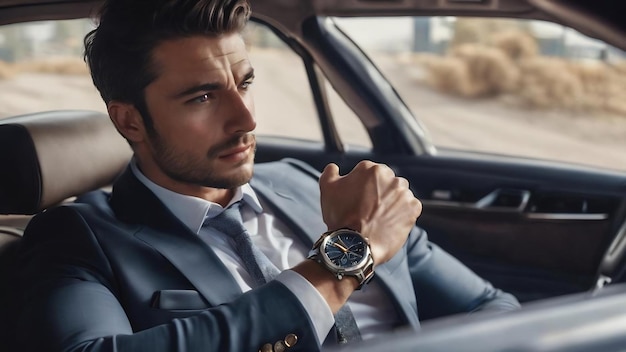 Een knappe zakenman met een horloge in de auto.