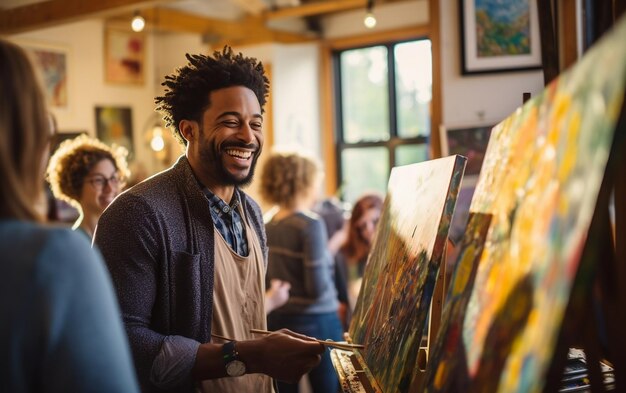 Een knappe zwarte man in de studio van de schilderklasse AI