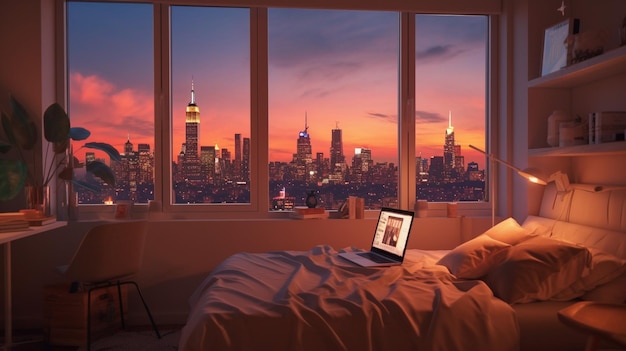 Een knusse kamer met een laptop op het bed en uitzicht over de stad