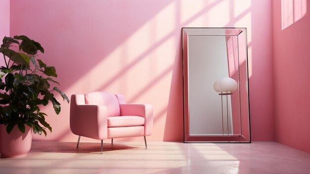 Een knusse roze kamer met een zachte bank en sierlijke spiegel die warmte uitstraalt