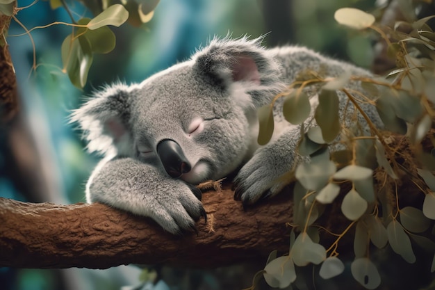 Een koala die op een tak slaapt