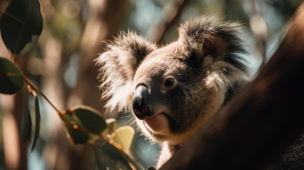 Een koala in een boom met een uit tong