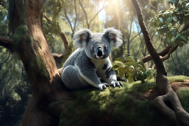 Een koala zit in een boom in de jungle