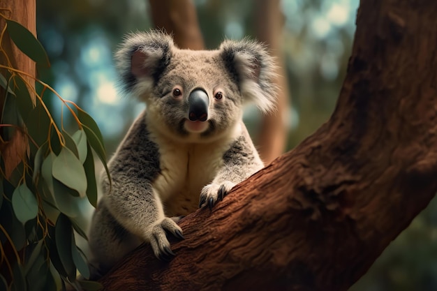 Een koala zit met zijn tong uit op een boomtak