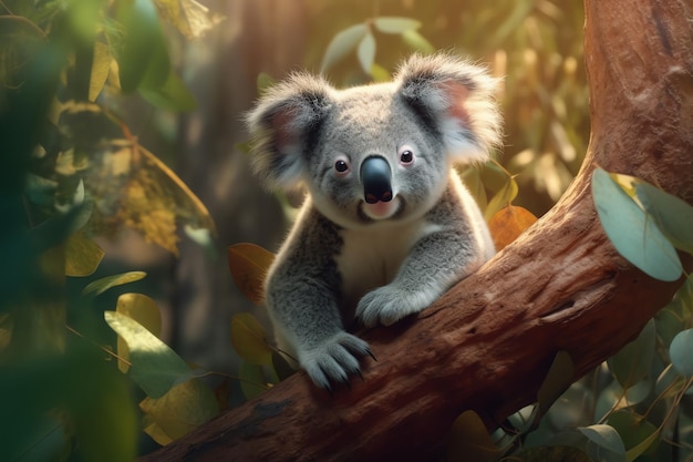 Een koala zit op een boomtak in een bos