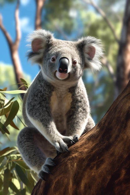 Een koala zit op een boomtak