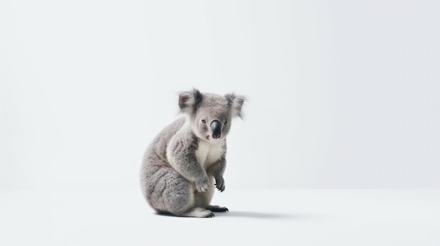 Een koala zit op een witte achtergrond en kijkt naar de camera